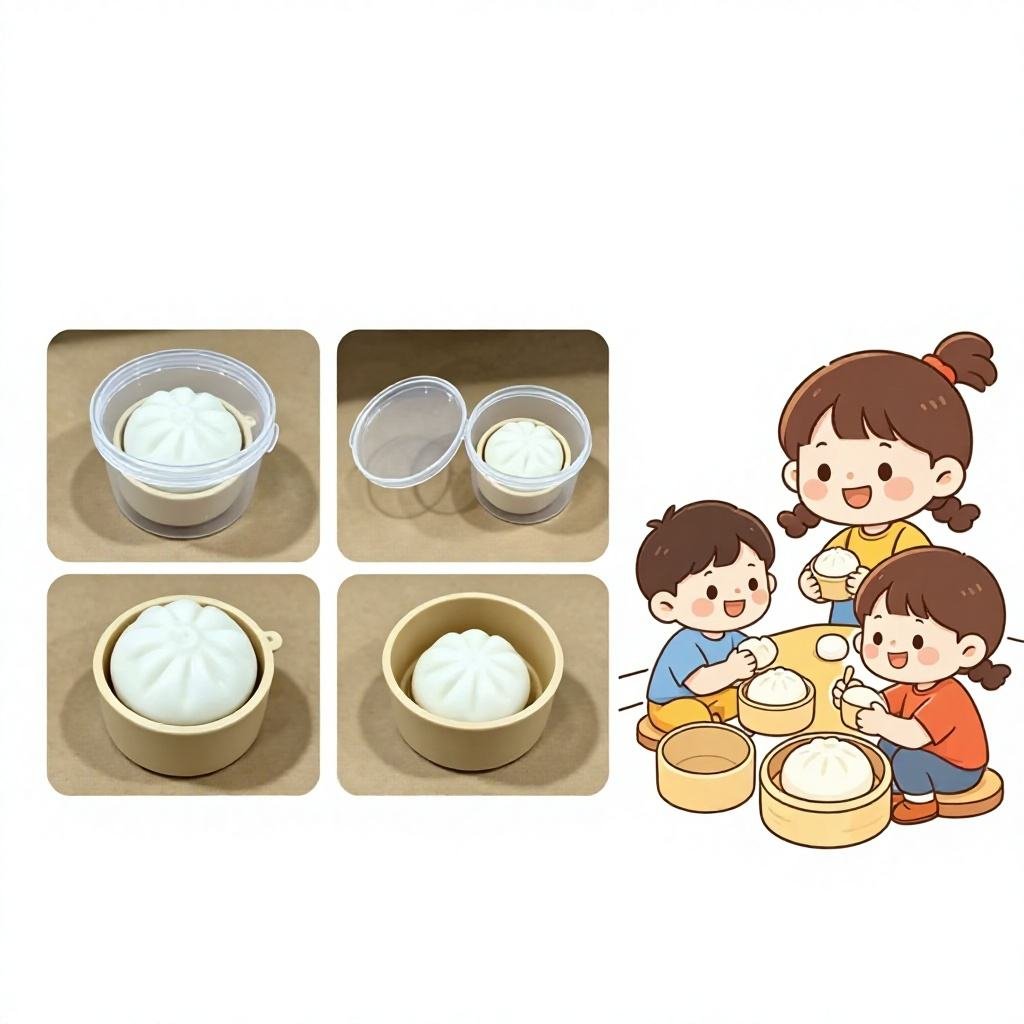 Cute LED Light Steamed Bun Keychain, Plastic Key Ring with Button, Creative Stress Relief Toy Key Chain for Bag Purse Decoration