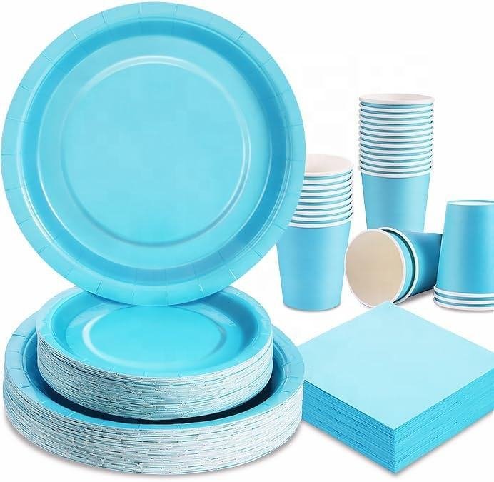168 PCS Solid Color Theme Party Supplies Blue Paper Plates Paper Cups Paper Napkins Disposable Tableware Set