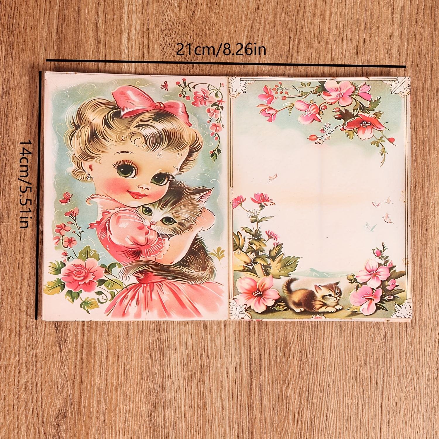 JAI IMAN 12 A5 Papers and 32stickers Strawberry Cat DIY Writable Decor Decoupage Paper Kit for Paper Craft