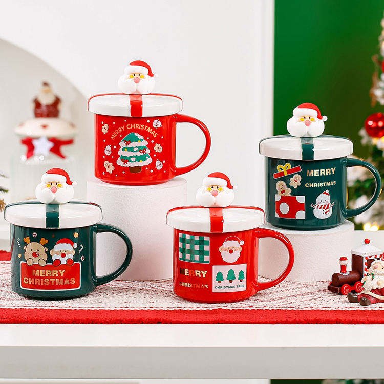New Creativity Cute Christmas Santa Ceramic Cup Mug with Lid Spoon Cup Set for Christmas Gift