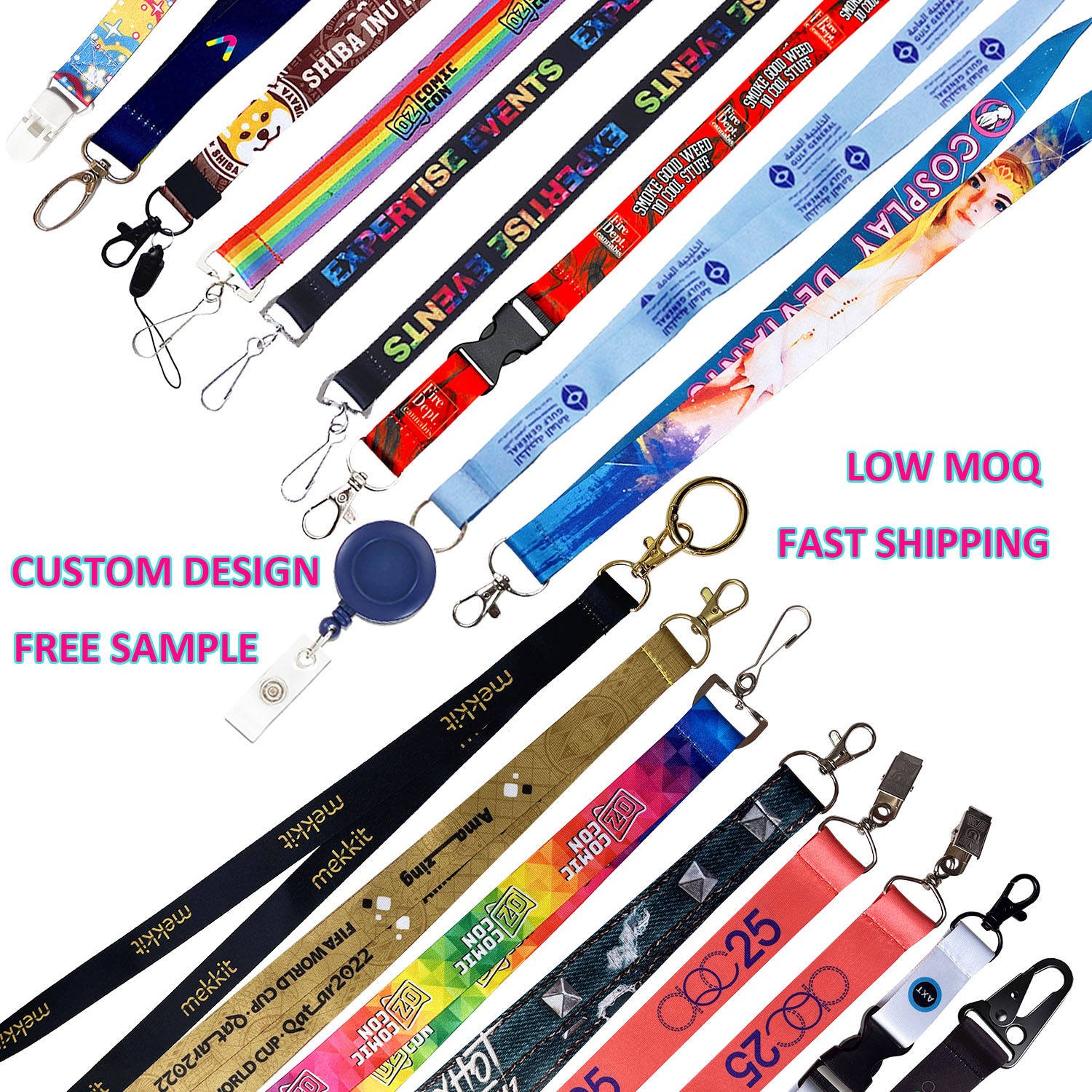 ECO-friendly Material Sublimation Printed Lanyard Polyester Neck Strap Id Card Holder Lanyard with Gold Locking Key Ring