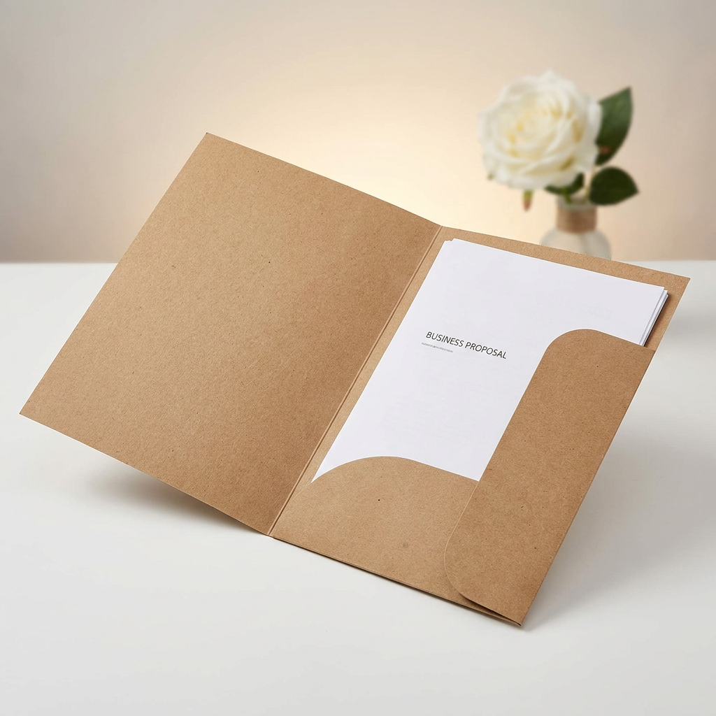 Custom Printed Bi Fold Kraft Paper Business Folder Brown Natural Blind Emboss Free Logo OEM ODM Factory Direct
