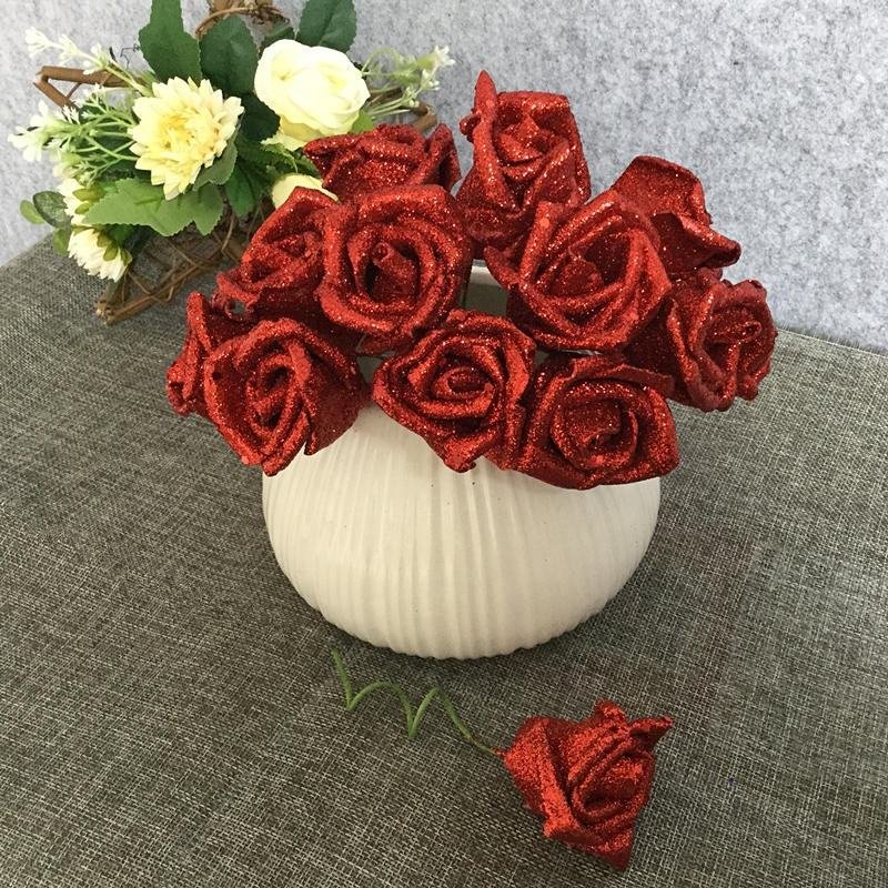 Artificial Glitter Foam Polyfoam Roses Flowers With Wired Stem Wedding Decoration