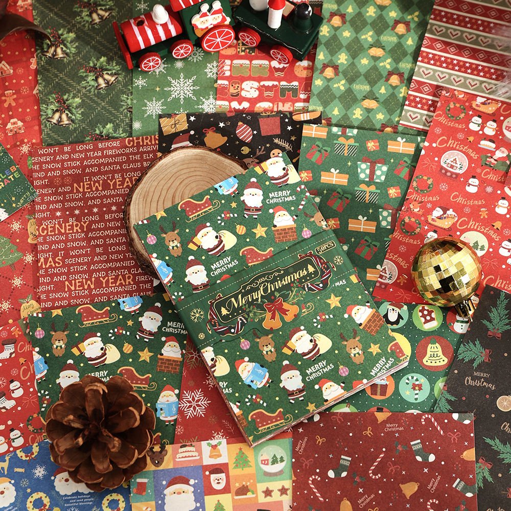 IMODA 50sheets Christmas Material Paper Festival Decorative Art Craft Paper Card Making Scrapbook Paper Journal Backgrounds