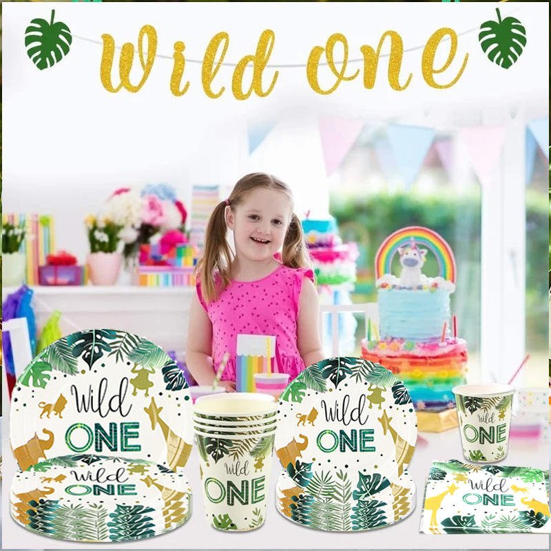Wild One Disposable Party Tableware Safari Jungle Birthday Party Decoration Kids Disposable Paper Plate Cup Baby Shower Supplies