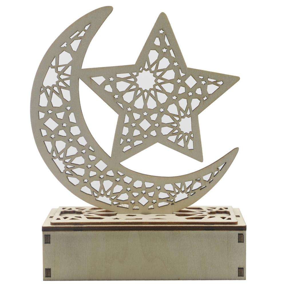 Hot Selling Wooden Ramadan Eid Mubarak LED String Light Craft Moon Star Ornaments for Home Table Decoration for Muslim Islam