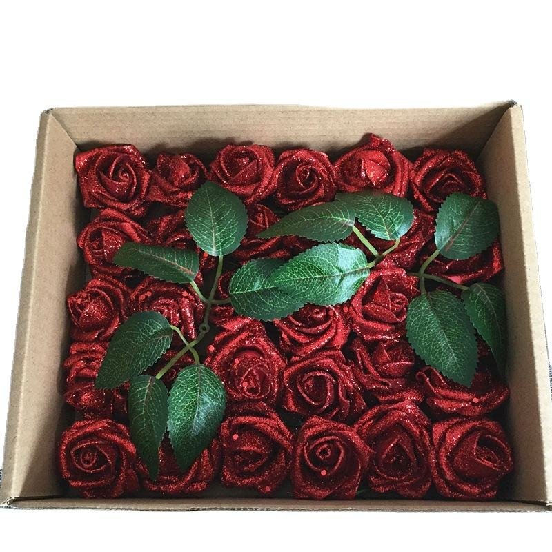 Artificial Glitter Foam Polyfoam Roses Flowers With Wired Stem Wedding Decoration