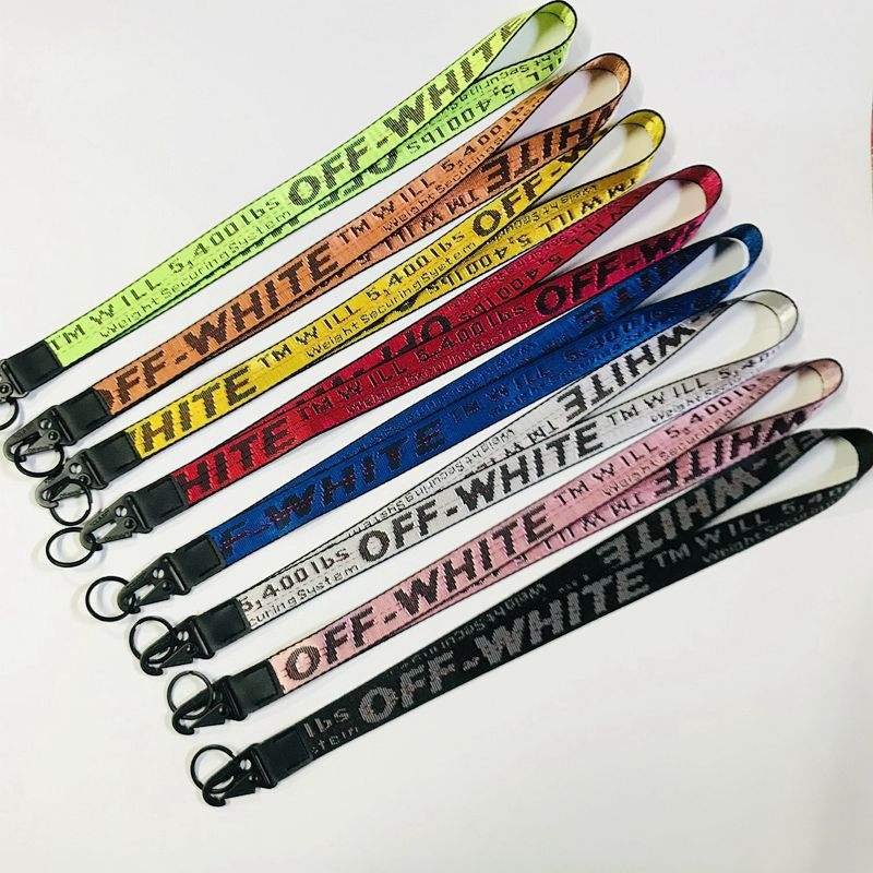 Hot Sale White Woven Durable Casual Keychain Lanyard Popular Polyester Fabric Letterpress Printed Promotional Off-keys Made