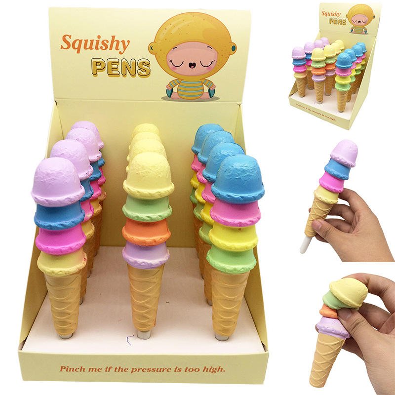 Cute Cartoon Colorful Ice Cream Shaped Ball Point Pen for Kids Squishy Pens with Black Ink Stationery Promotional Toys