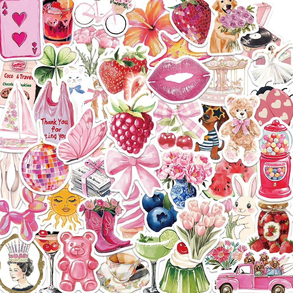 55 PCS Die Cut Vintage Pink Vinyl Waterproof Eco-Friendly Retro Aesthetic Stickers for Holiday Decoration with Cartoon Pattern