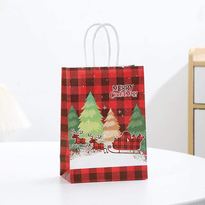 Christmas Gift Bags Set of 4, Holiday Paper Tote W/ Hanging Tag, Red Green Plaid Tree Santa Design, Xmas Party Package (4pcs)