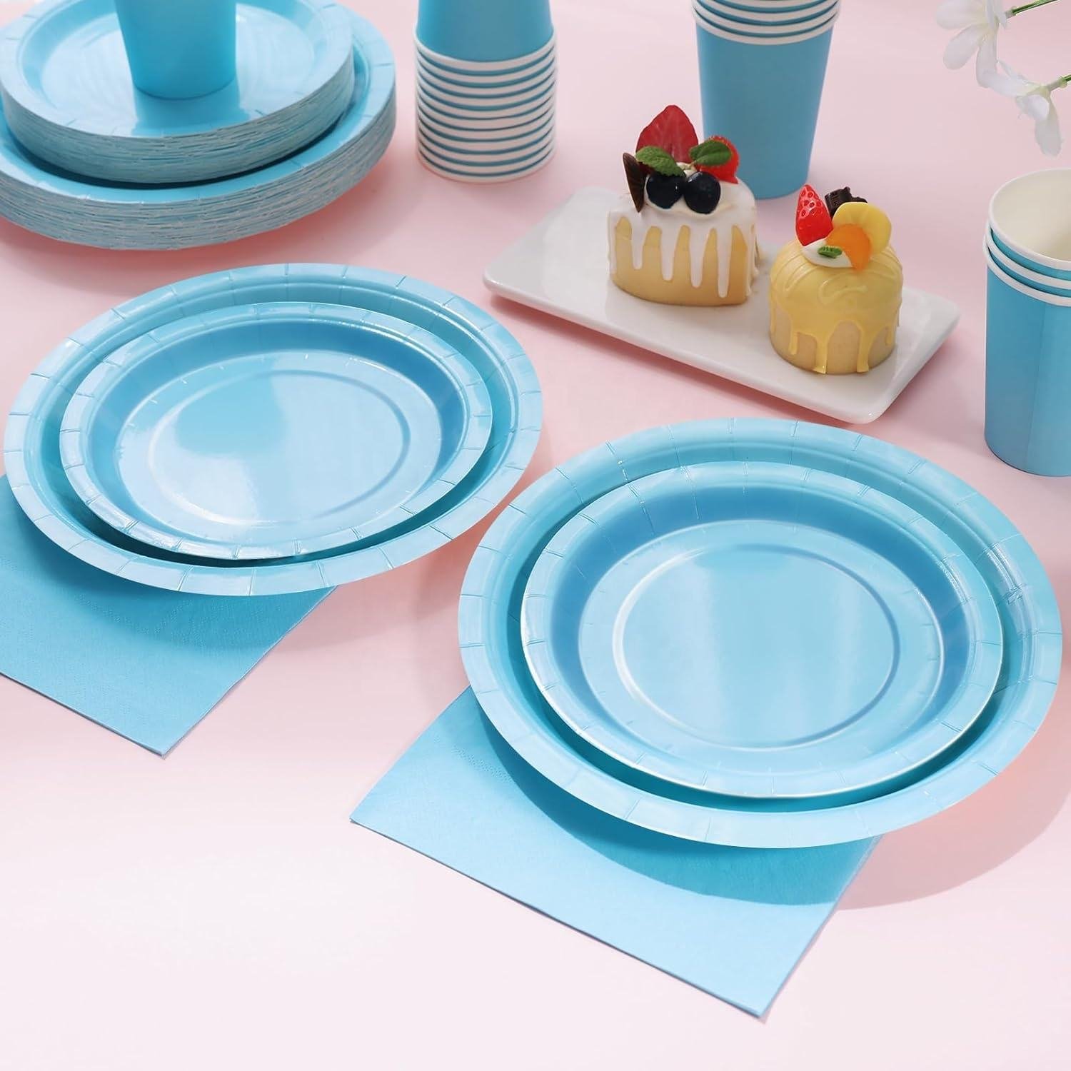 168 PCS Solid Color Theme Party Supplies Blue Paper Plates Paper Cups Paper Napkins Disposable Tableware Set