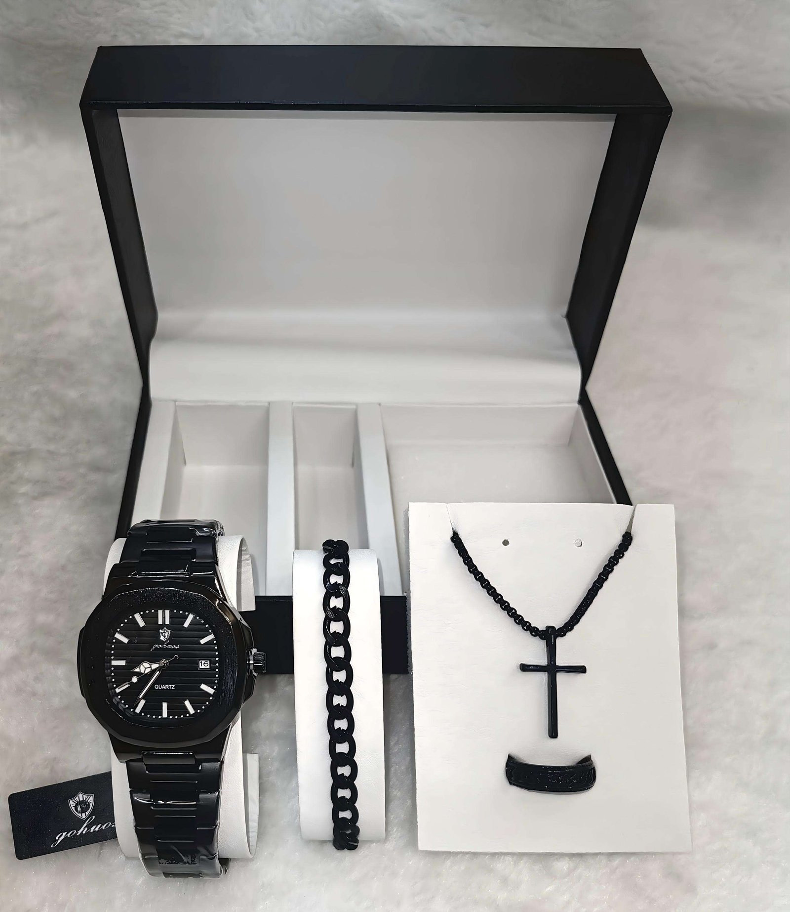 Gohuos 8803 Gift Set with Exquisite Box 4PCS Men Quartz Watch & Ring & Bracelet & Necklace Business Luxury Holiday Gifts for Men