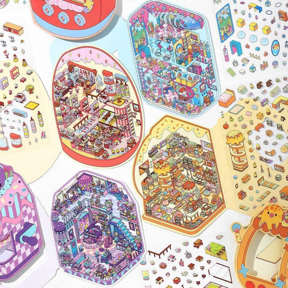 2.5D Scenic Small Corner Series Cartoon Miniature Scene Collage 3 Sheets Per Pack Decorative Decompression Stickers