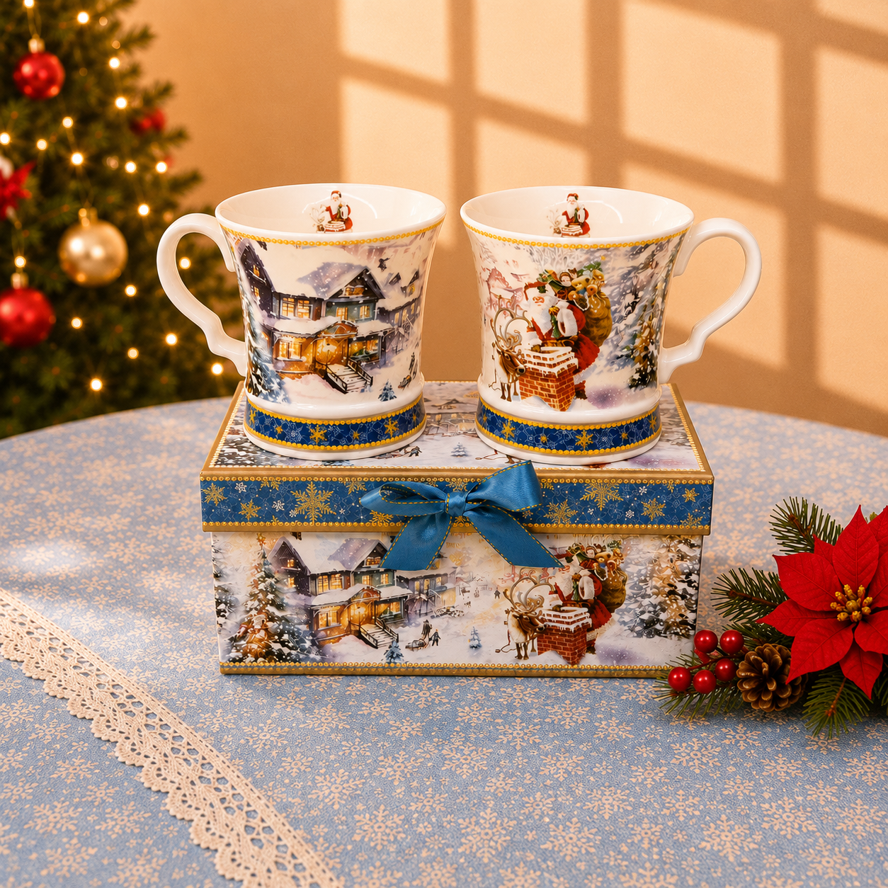 Christmas Design Two Ceramic Coffee Mug Sets with Gift Box Christmas Santa Cup with Handle for Christmas Gifts