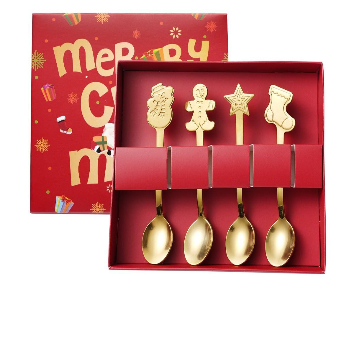 4-Piece Gift Box Christmas Stainless Steel Dessert & Coffee Fork Set Cute Snowman Cartoon Eco-Friendly Tableware