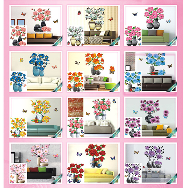 New Living Room Wholesale Price Luxury Home Decor Sticker 3D Vase Flower Decorative Sticker Wall Sticker 3D Home Decoration