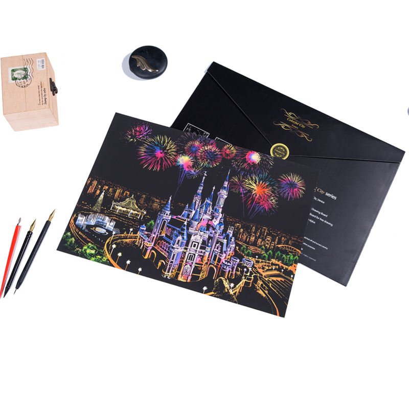 YUELU Scratch Painting Rainbow Paper Sketch DIY Art Craft City Series Scratch Drawing Paper Creative Gift With Bamboo Stick