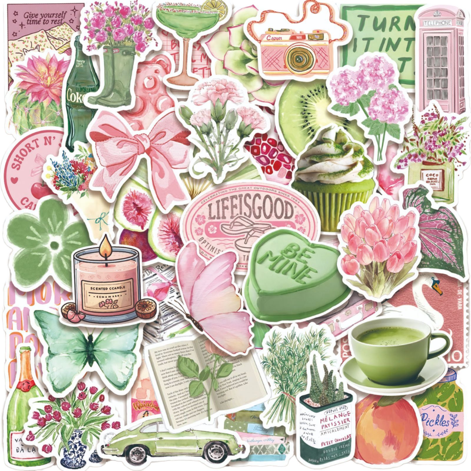55 PCS Die Cut Vintage Pink Vinyl Waterproof Eco-Friendly Retro Aesthetic Stickers for Holiday Decoration with Cartoon Pattern