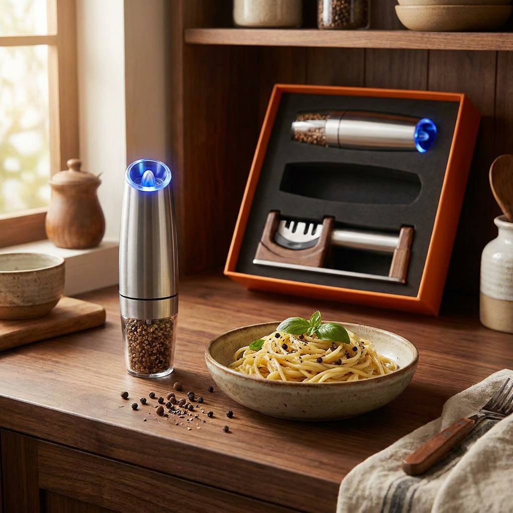 3-Piece Kitchen Gift Set About Gravity Electric Salt and Pepper Grinder with Blue Light and Knife Sharpener for Holiday Gift