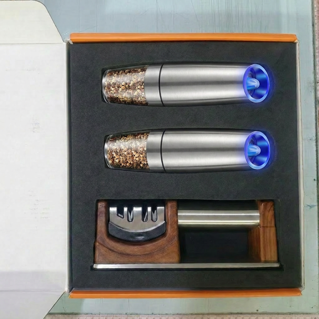 3-Piece Kitchen Gift Set About Gravity Electric Salt and Pepper Grinder with Blue Light and Knife Sharpener for Holiday Gift
