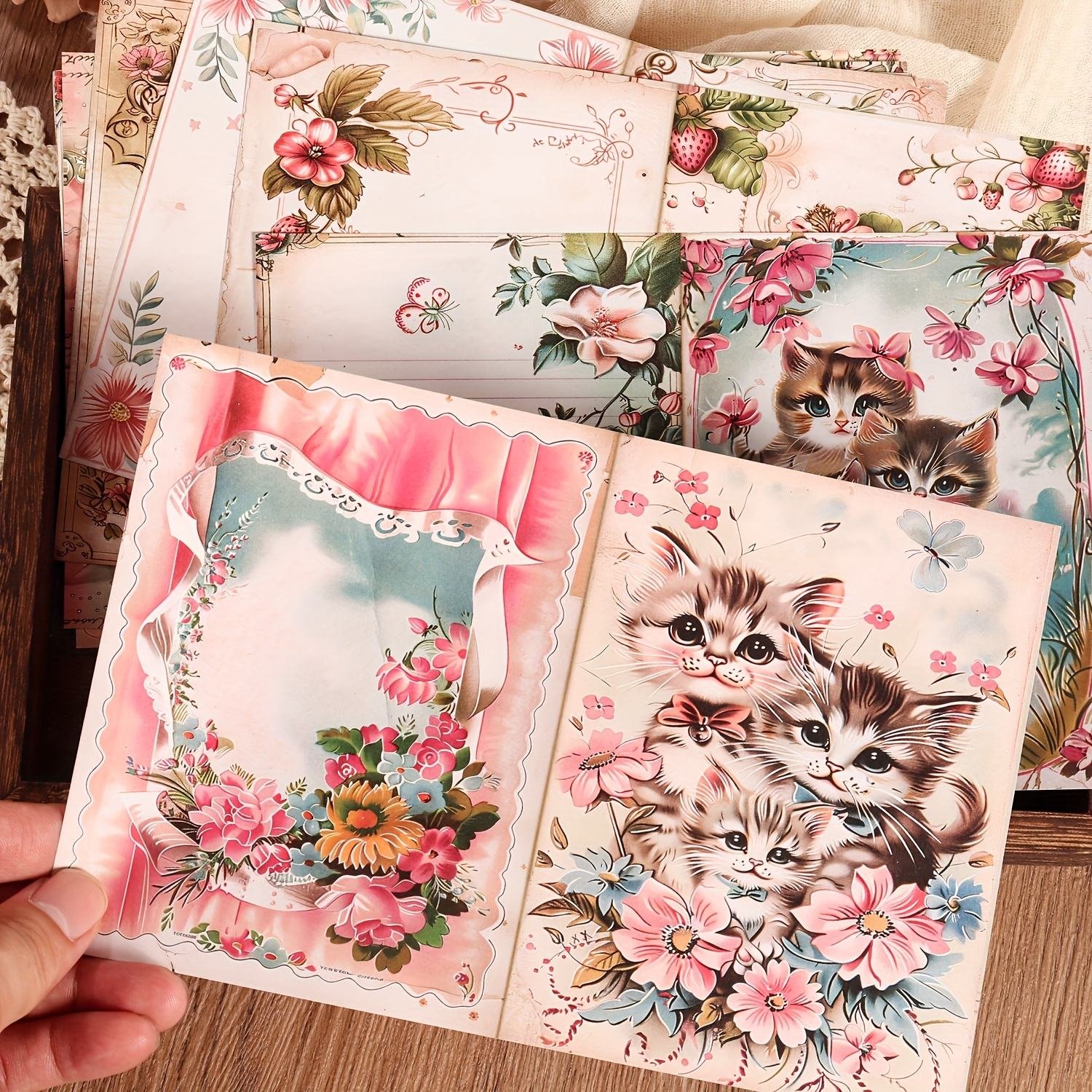 JAI IMAN 12 A5 Papers and 32stickers Strawberry Cat DIY Writable Decor Decoupage Paper Kit for Paper Craft