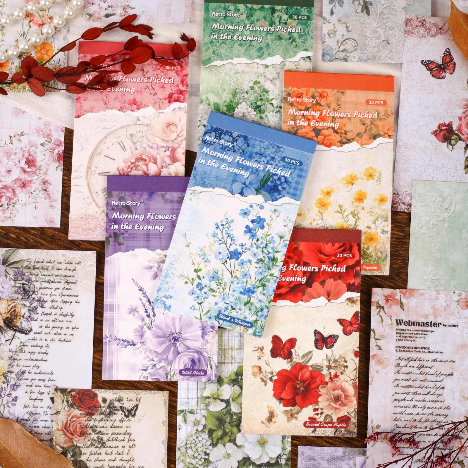 30 Sheets Per Pack of Craft Paper Morning Flowers, Evening Gatherings Series Retro Floral DIY Journal Decorations