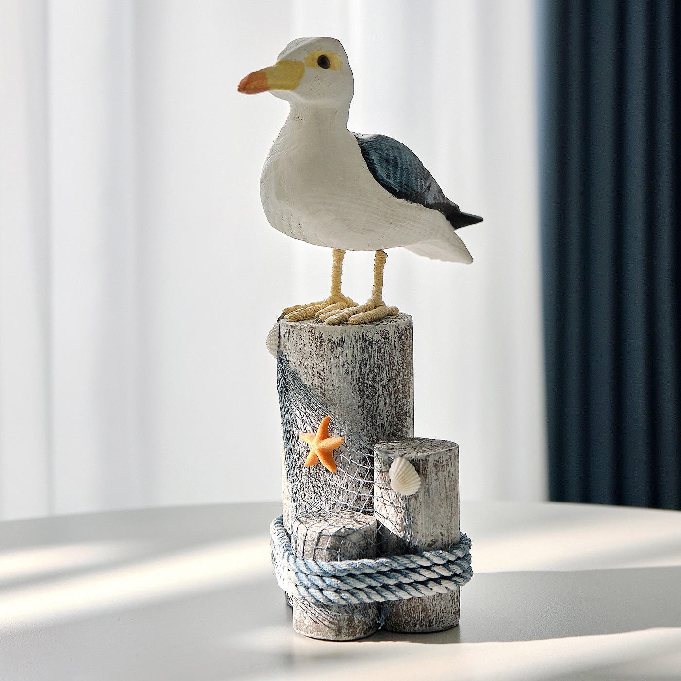 New Arrival Nautical Wooden Seagull Ornament with Distressed Wood Post Rope Coastal Home Decor Wooden Craft