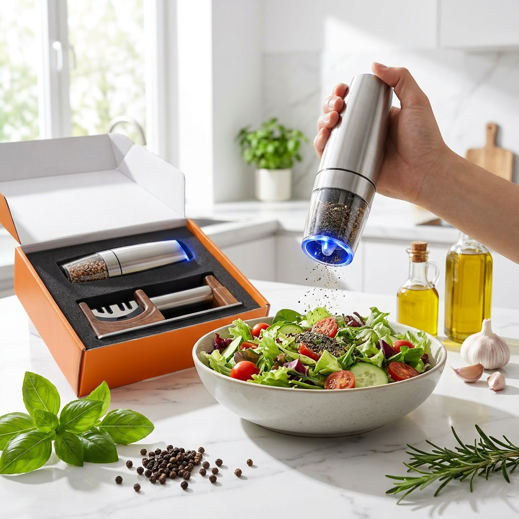 3-Piece Kitchen Gift Set About Gravity Electric Salt and Pepper Grinder with Blue Light and Knife Sharpener for Holiday Gift