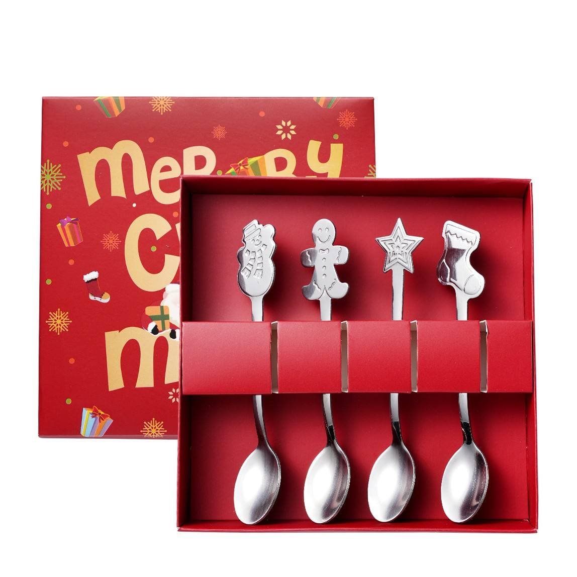 4-Piece Gift Box Christmas Stainless Steel Dessert & Coffee Fork Set Cute Snowman Cartoon Eco-Friendly Tableware