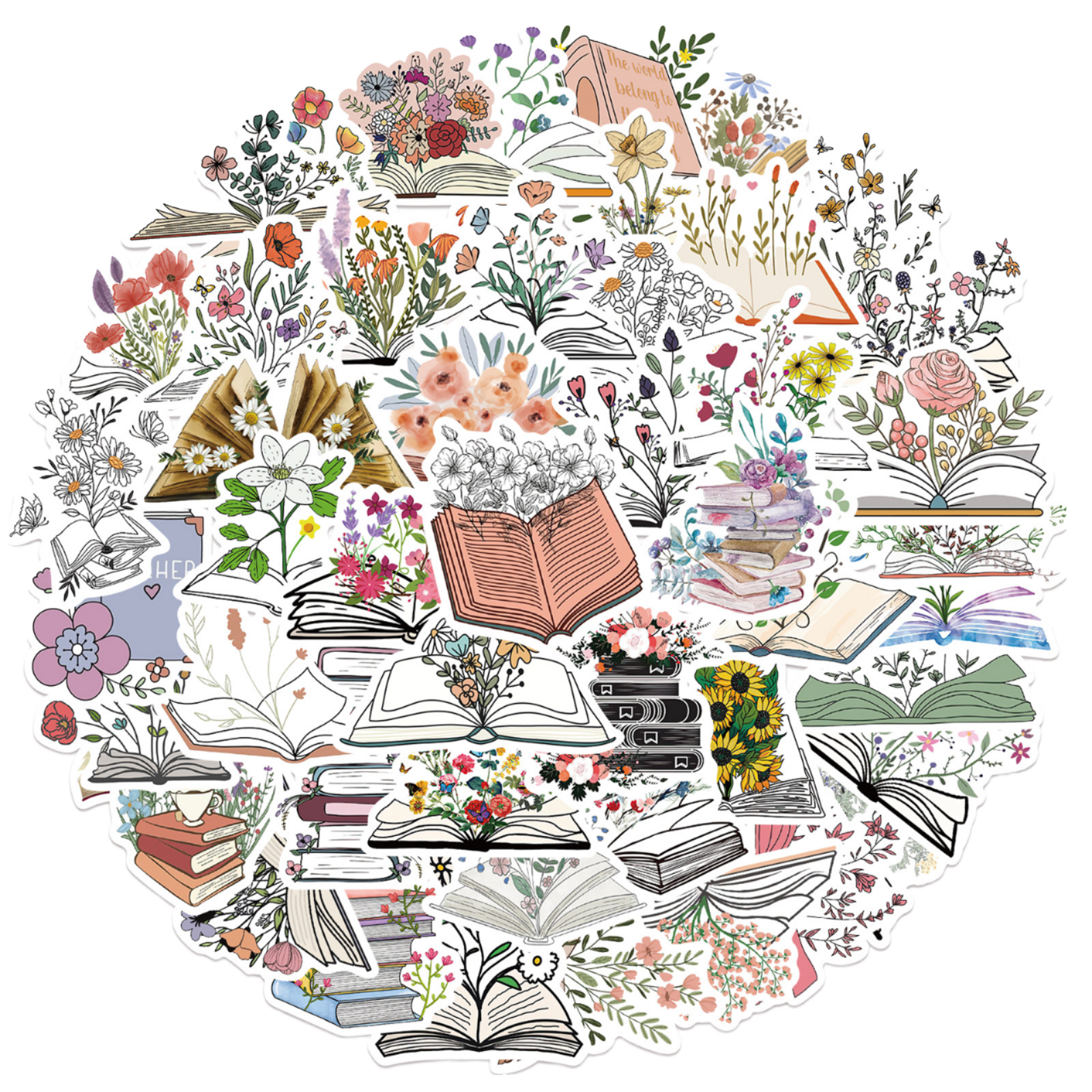 Cartoon Book Flowers Decorative PVC Stickers 50pcs Waterproof Floral Wall Student Notebook Decals for Promotional Gifts