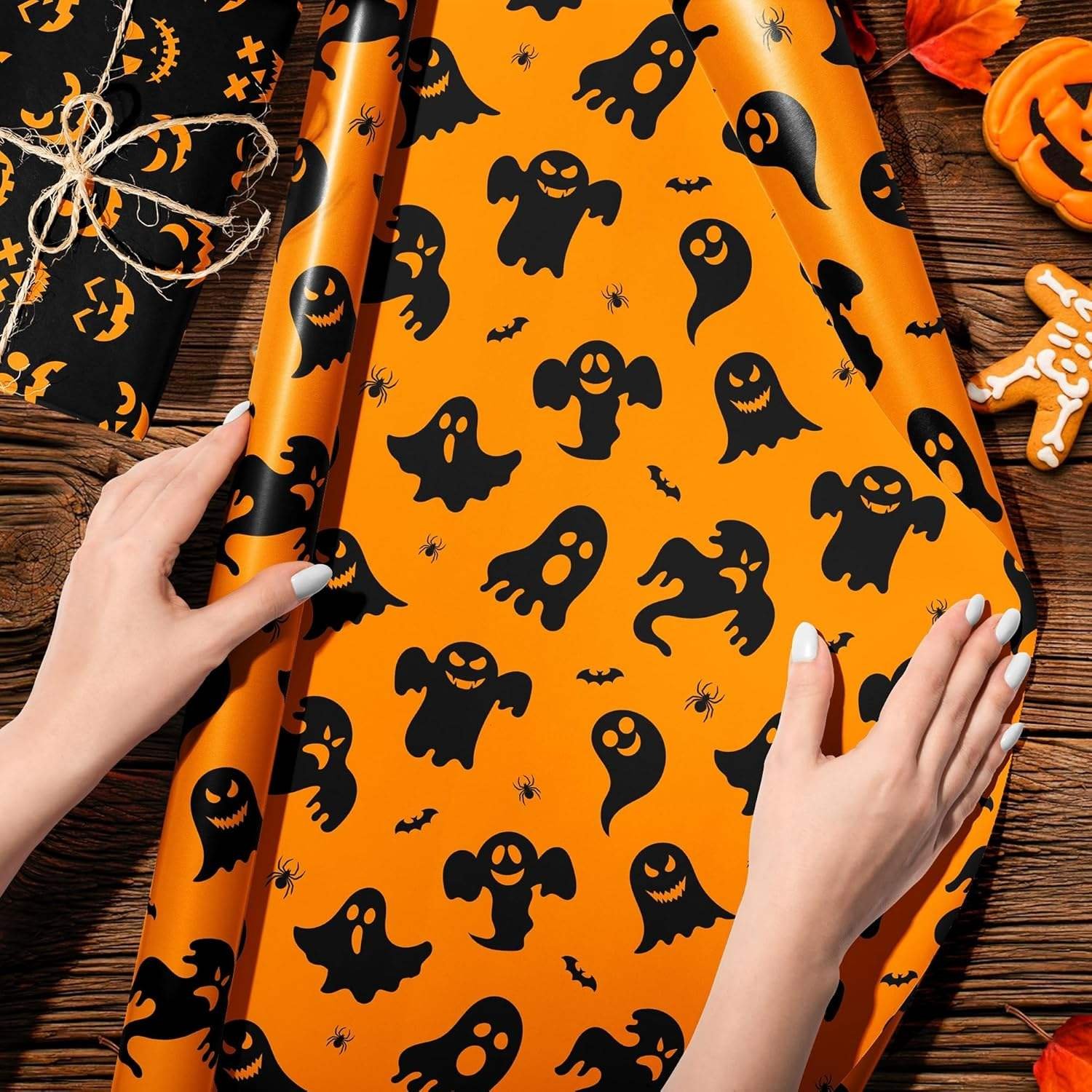 12 Sheets Halloween DIY Crafts Gift Wrapping Paper Pumpkin Spooky Ghost Spider Bat Orange Black Design Gift Wrap Paper for Party