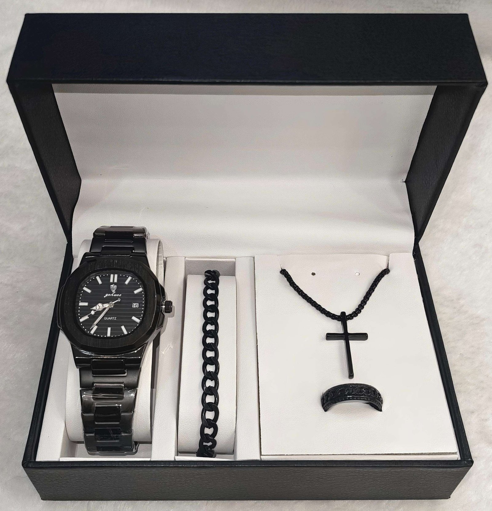 Gohuos 8803 Gift Set with Exquisite Box 4PCS Men Quartz Watch & Ring & Bracelet & Necklace Business Luxury Holiday Gifts for Men