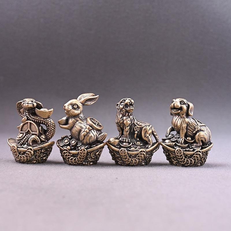 1pc Retro Copper Yuanbao Twelve Zodiac Incense Holder Indoor Incense Stand Creative Yellow Copper Dragon tiger Metal Handicraft