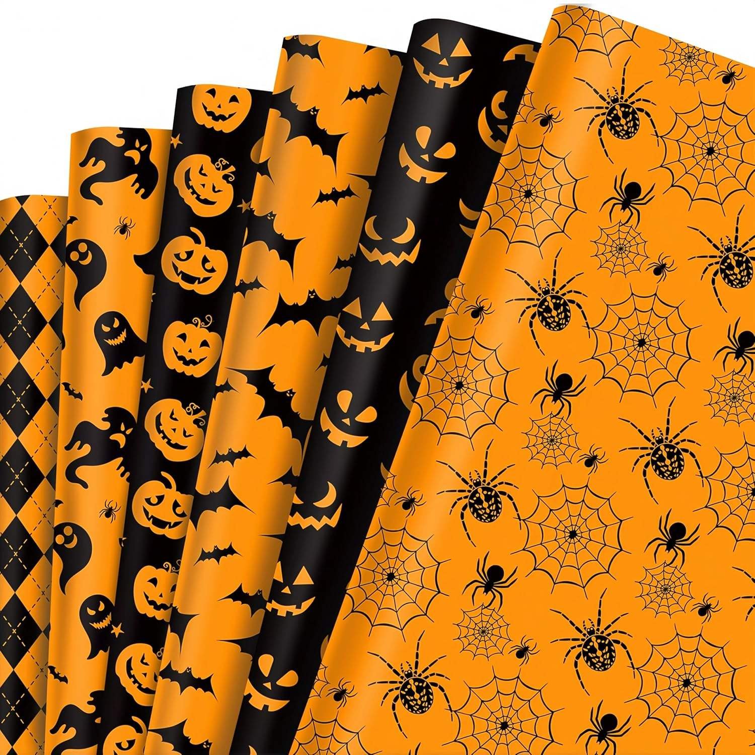 12 Sheets Halloween DIY Crafts Gift Wrapping Paper Pumpkin Spooky Ghost Spider Bat Orange Black Design Gift Wrap Paper for Party