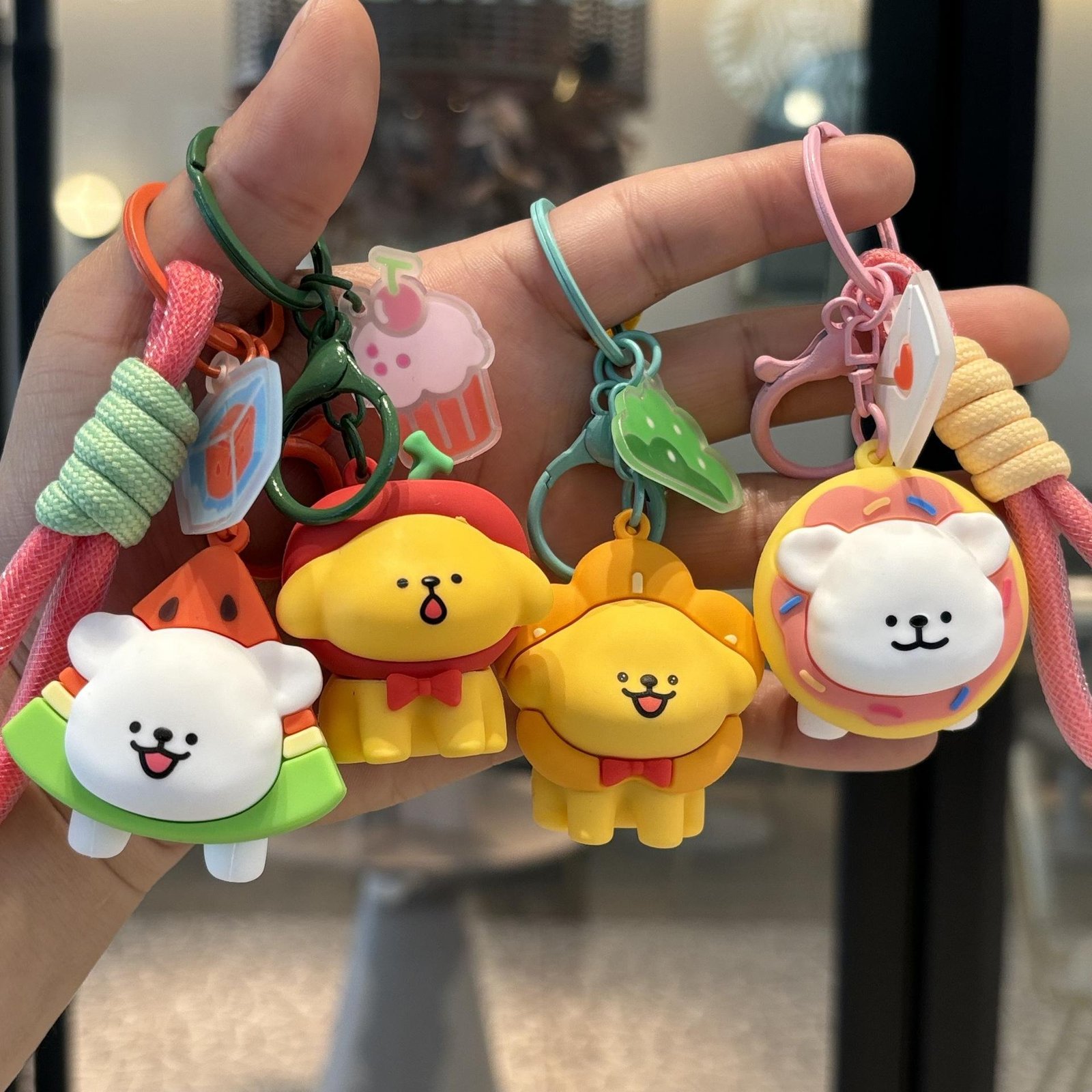 Factory Hot Sales Plastic Crafts Creative Cute Cartoon Cherry Blossom Puppy Key Chain Schoolbag Pendant Promotion Gift Wholesale