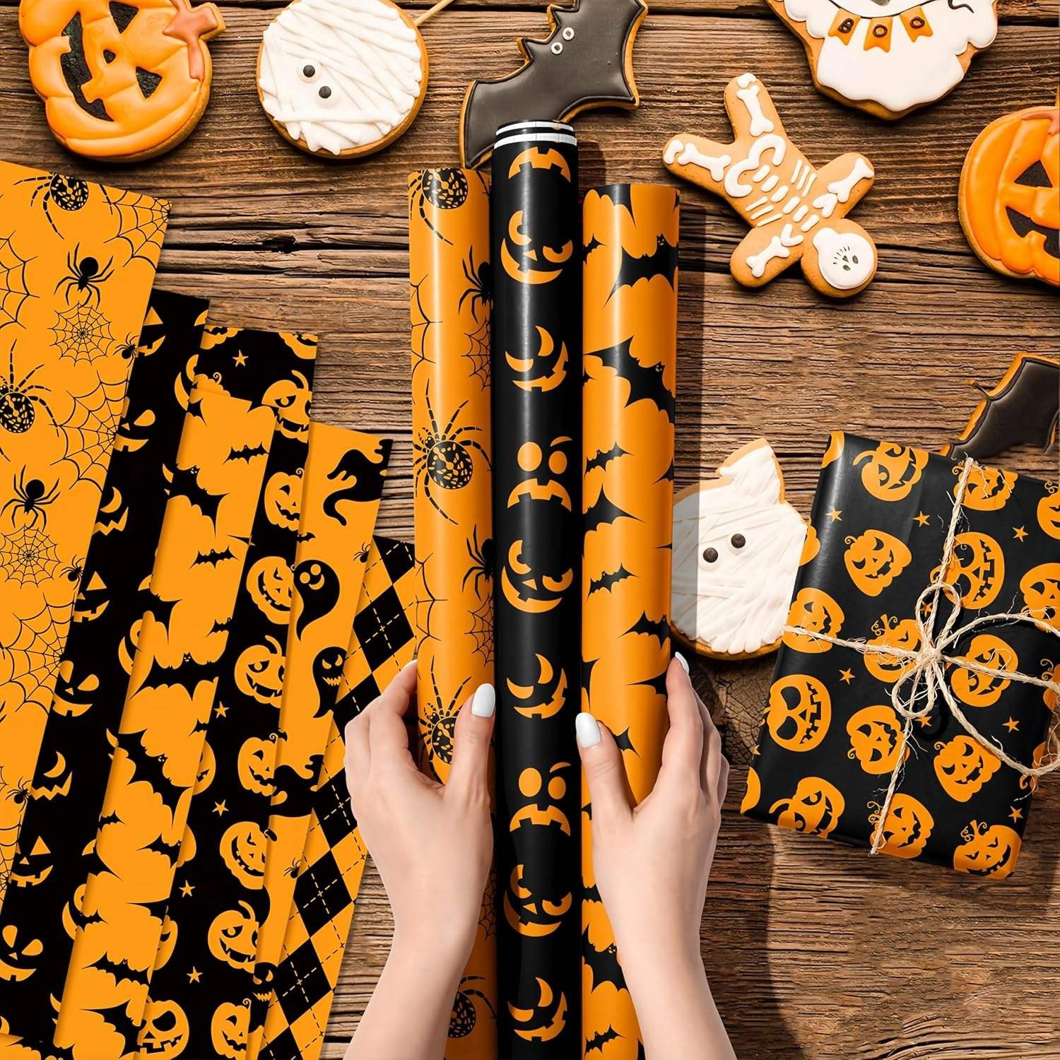 12 Sheets Halloween DIY Crafts Gift Wrapping Paper Pumpkin Spooky Ghost Spider Bat Orange Black Design Gift Wrap Paper for Party