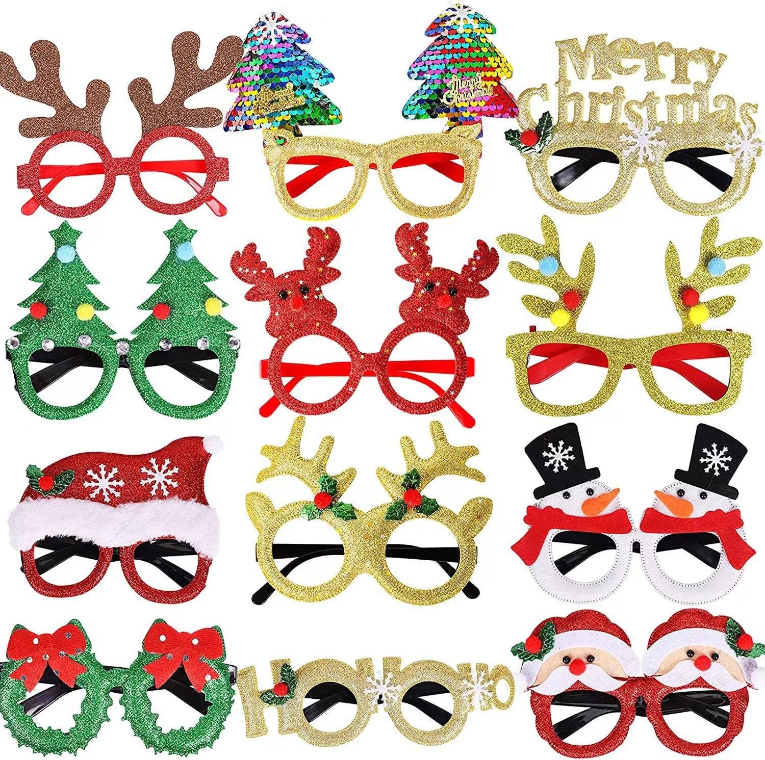 12Pcs Christmas Party Plastic Novelty Glasses Set, Xmas Santa Funny Photo Booth Eyeglasses Holiday Decor Favors