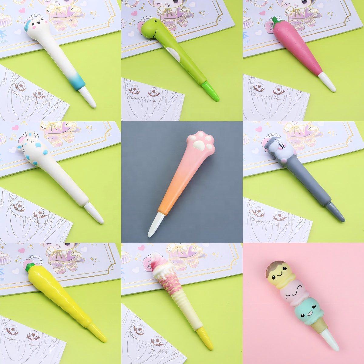 Cute Cartoon Colorful Ice Cream Shaped Ball Point Pen for Kids Squishy Pens with Black Ink Stationery Promotional Toys