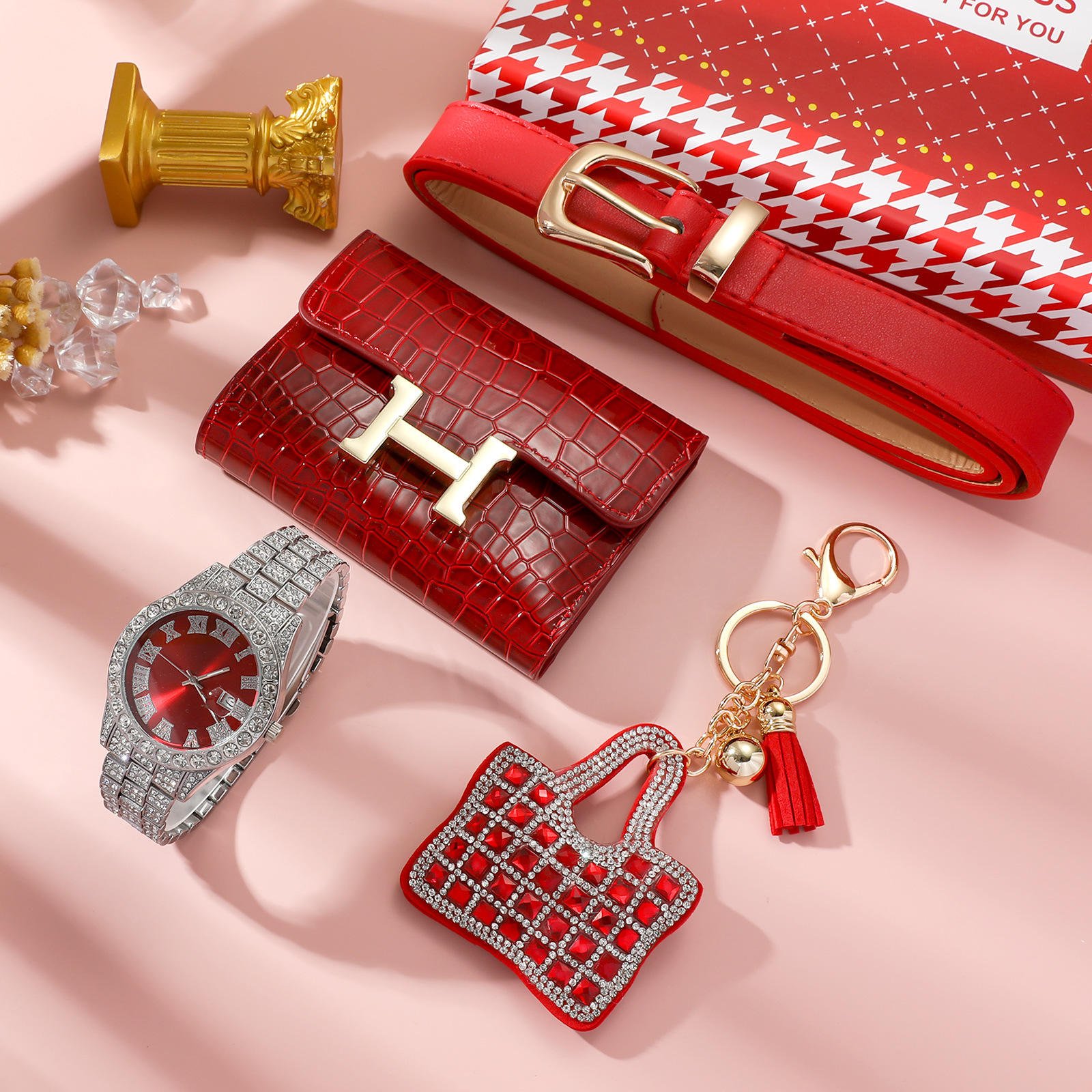 Women's Watch Set Gift Box + Wallet + Keychain + Belt - Holiday Gift