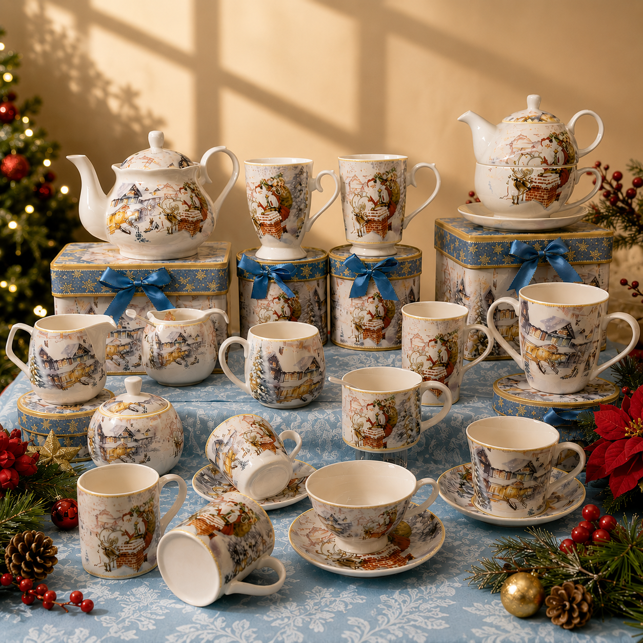 Christmas Design Two Ceramic Coffee Mug Sets with Gift Box Christmas Santa Cup with Handle for Christmas Gifts