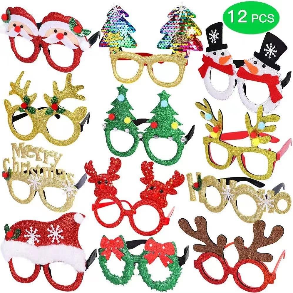 12Pcs Christmas Party Plastic Novelty Glasses Set, Xmas Santa Funny Photo Booth Eyeglasses Holiday Decor Favors