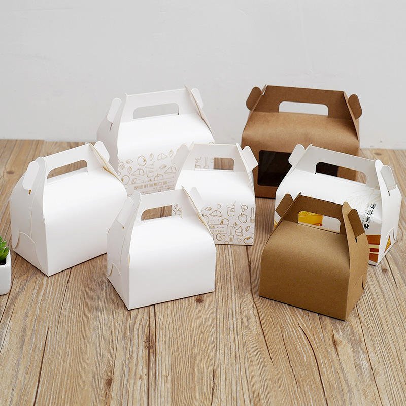 Custom Disposable Kraft Paper Food Packaging Auto Lock Bottom Bakery Party Favor Gift Kid's Candy Treat Gable Boxes with Handles