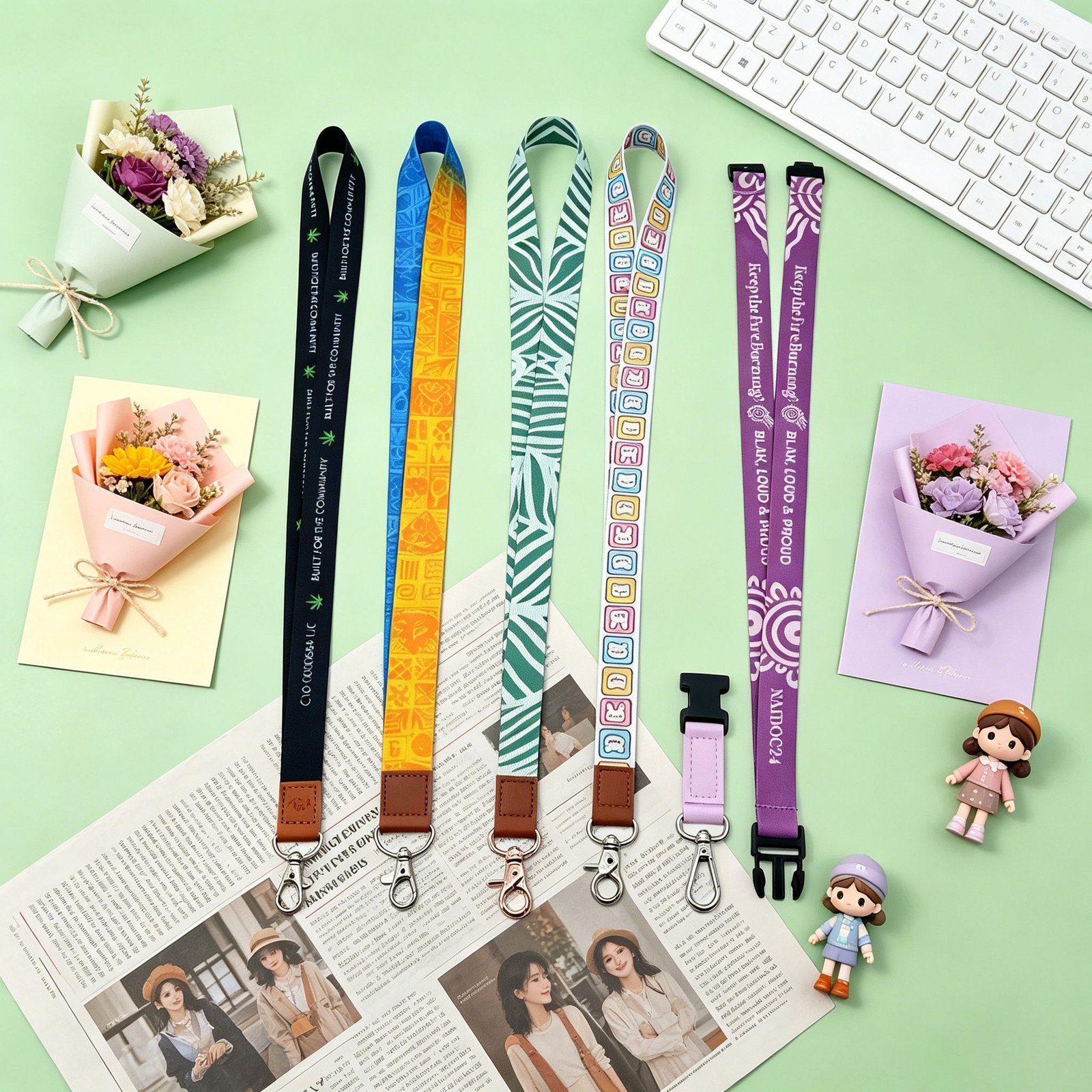 Custom Thermal Transfer Printed Sublimation Polyester Lanyard Leather Joint Metal Clasp Hook Neck Strap Keychain for ID Card