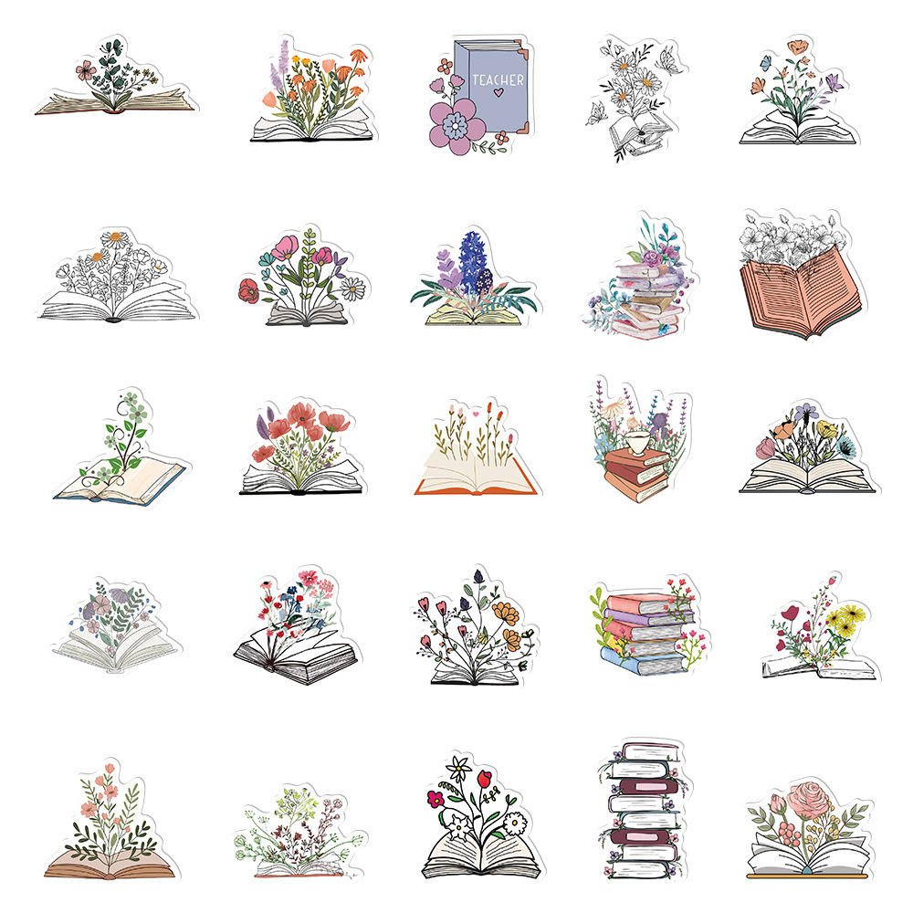 Cartoon Book Flowers Decorative PVC Stickers 50pcs Waterproof Floral Wall Student Notebook Decals for Promotional Gifts