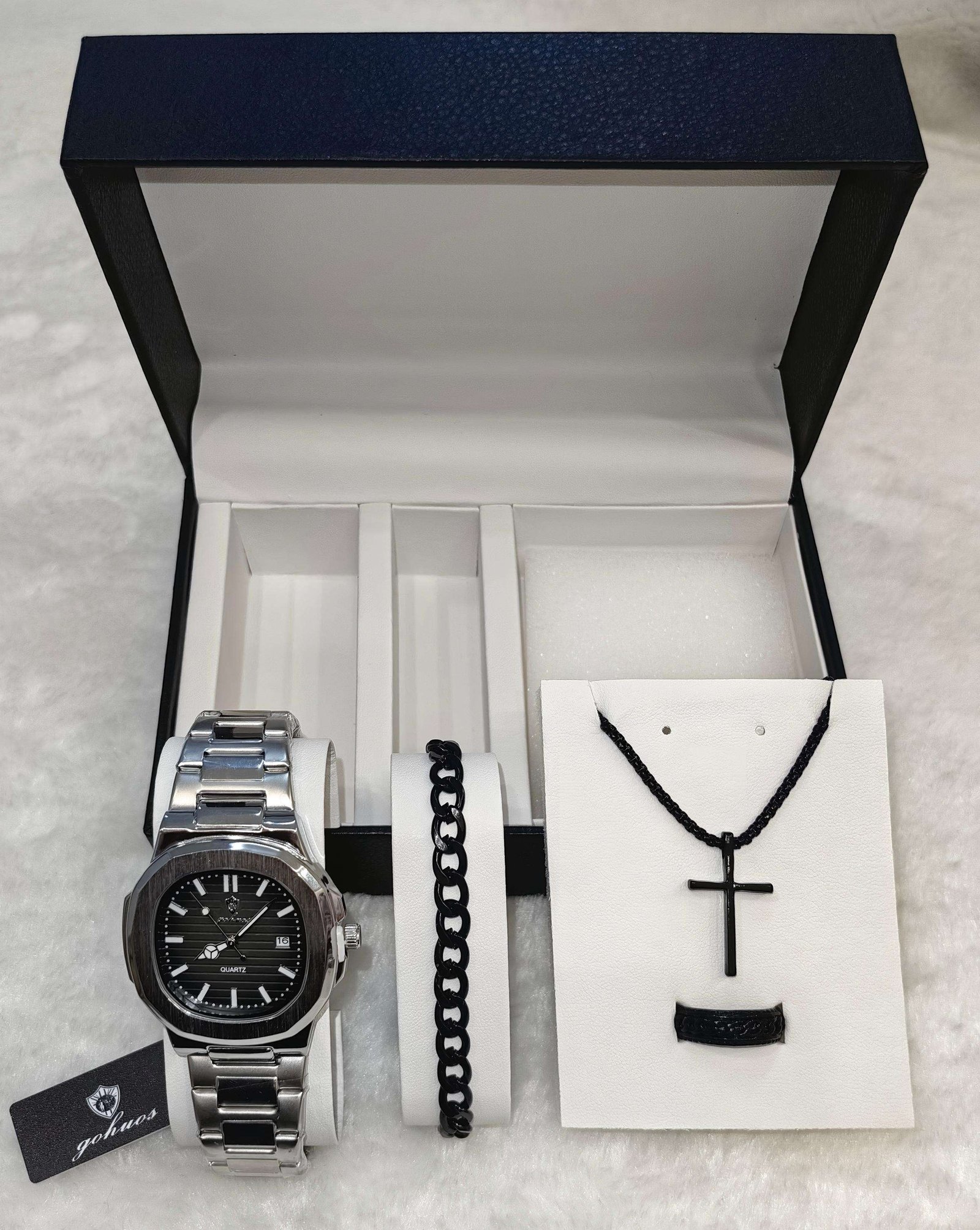 Gohuos 8803 Gift Set with Exquisite Box 4PCS Men Quartz Watch & Ring & Bracelet & Necklace Business Luxury Holiday Gifts for Men