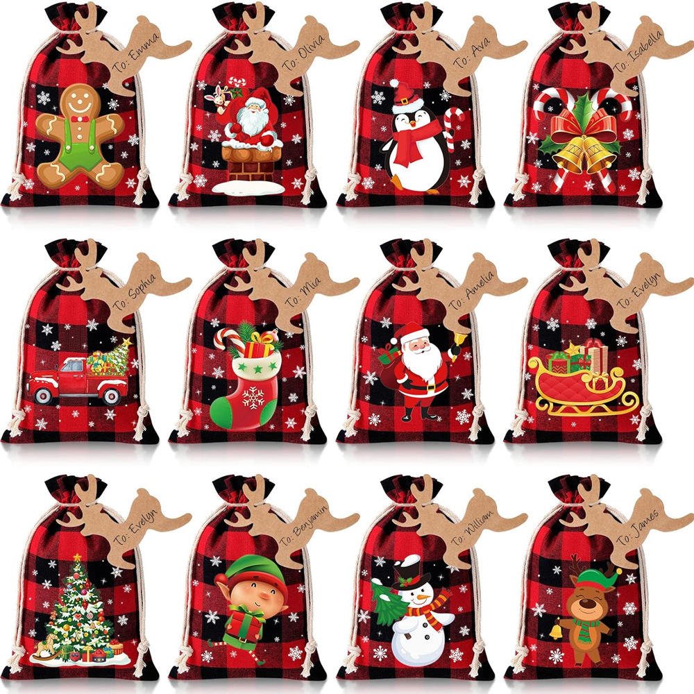 2025 New Christmas Linen Drawstring Bag Set Small Cloth Gift Bag for Candy Wholesale Holiday Supplies