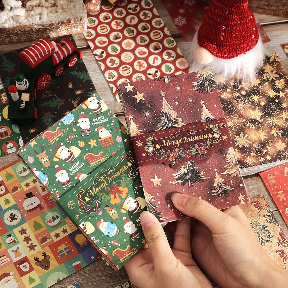 IMODA 50sheets Christmas Material Paper Festival Decorative Art Craft Paper Card Making Scrapbook Paper Journal Backgrounds