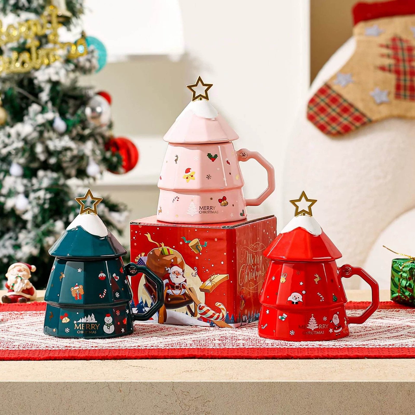 Christmas Ceramic Mug Gift Box Set Santa Claus Holiday Gift Custom Logo 450ml 3 Colors Gift Box Pack