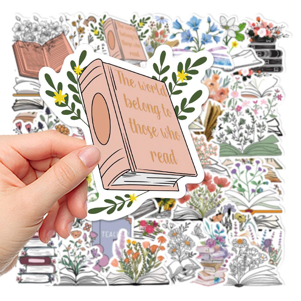 Cartoon Book Flowers Decorative PVC Stickers 50pcs Waterproof Floral Wall Student Notebook Decals for Promotional Gifts